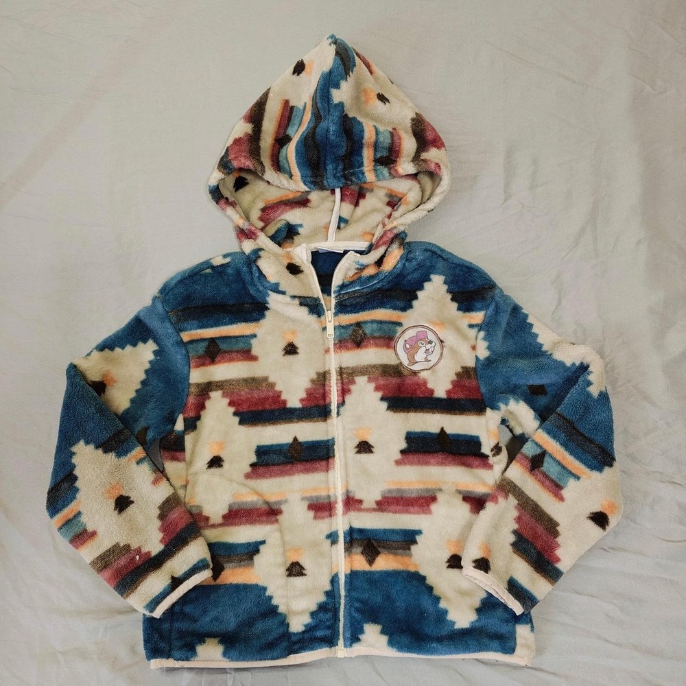 Buc-ee's Womens Youth S Aztec Southwestern Fleece Zip Up Hoodie Blue Multi